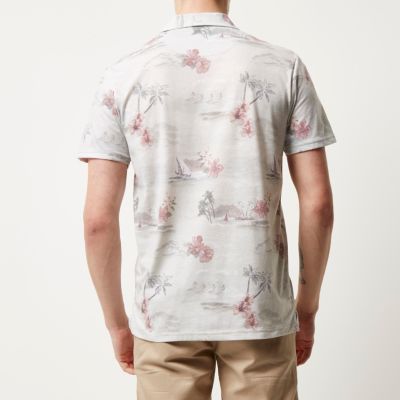 Ecru Hawaiian print polo shirt